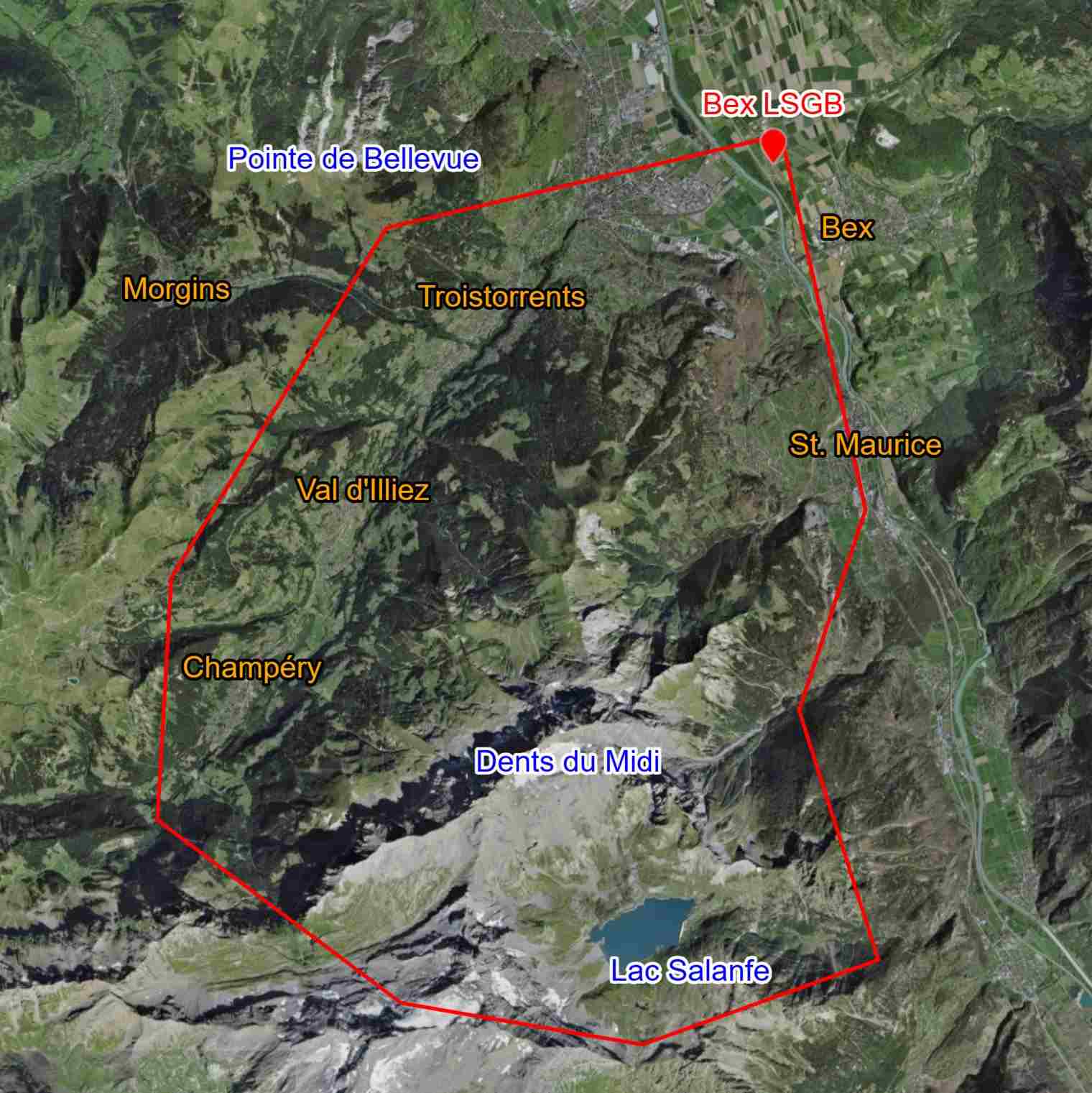 Carte du vol au-dessus des Dents du Midi, Alpes suisses