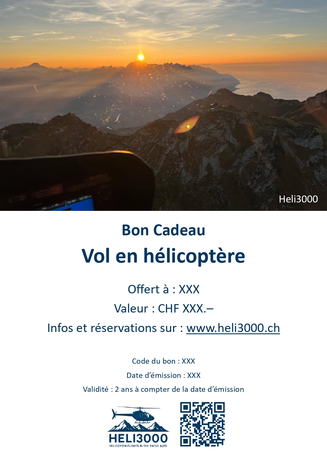 Bon PDF Heli3000 en valeur pour vols en hélicoptère en Suisse