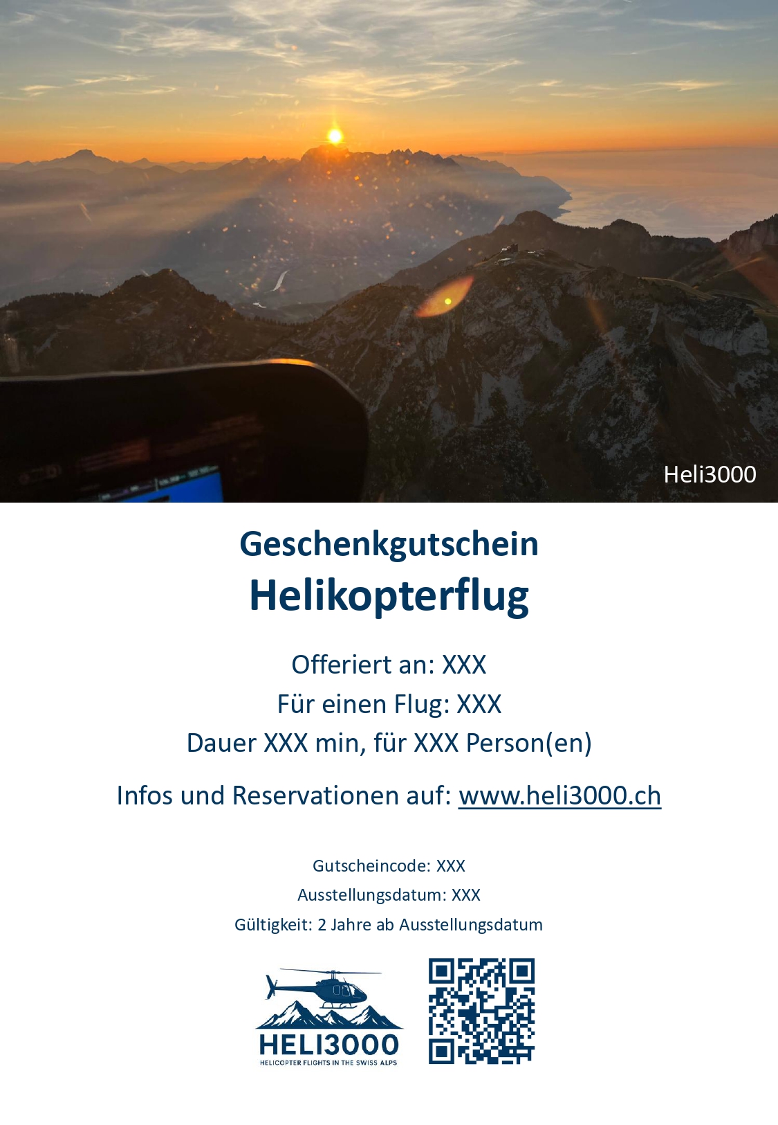 PDF-Gutschein für einen Panorama-Helikopterflug über die Schweizer Alpen - Heli3000